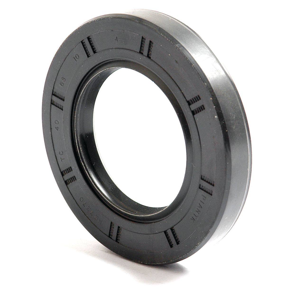 The image shows a close-up of a black rubber Sparex Metric Rotary Shaft Seal (Part No. S.50324), featuring various markings including letters, numbers, and lines on its surface. This double lip seal measures 40 x 70 x 10mm and includes an inner and outer ring designed to prevent fluid leakage.