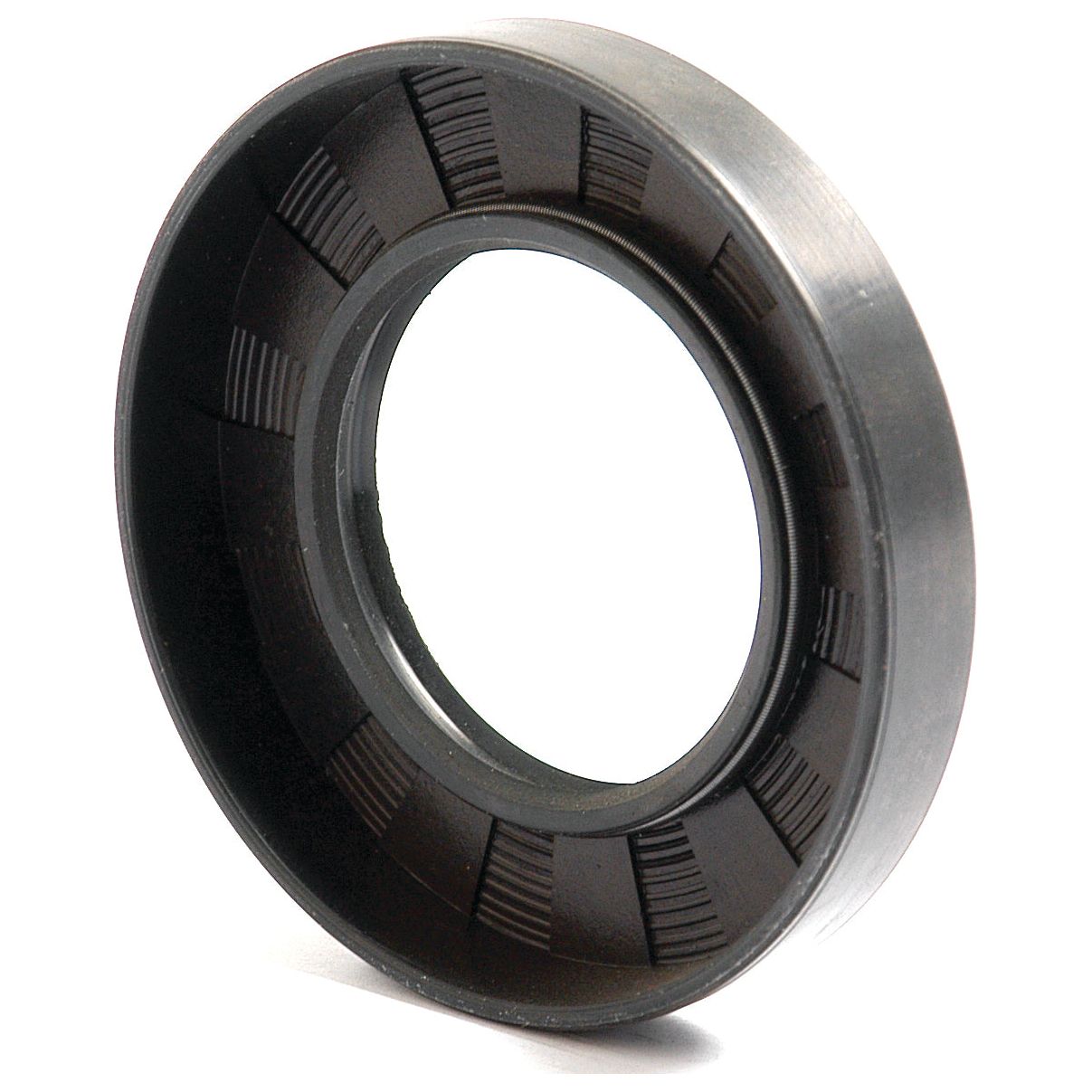 A close-up image of a black rubber Sparex Metric Rotary Shaft Seal, 40 x 70 x 12mm Double Lip (Part No.S.50326), featuring a smooth outer surface and a grooved inner ring.