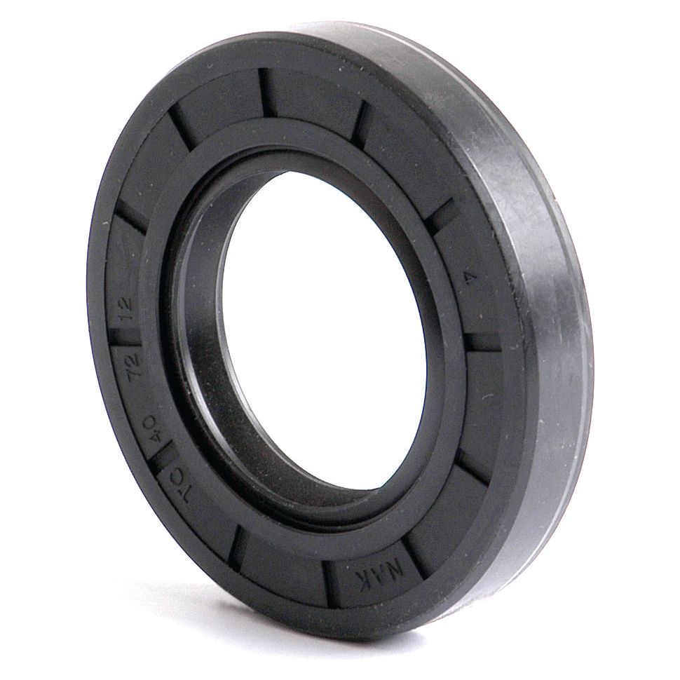 Image of a black mechanical oil seal ring, commonly used to prevent the leakage of lubricants in machinery. The Sparex Metric Rotary Shaft Seal (Part No. S.50329) features an open center, ridged outer surface, and comes in a standard size of 40 x 72 x 12mm.