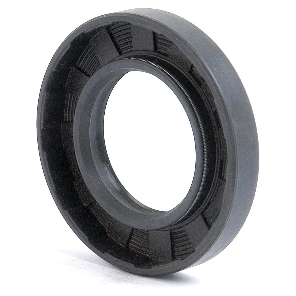 Close-up image of a Sparex Metric Rotary Shaft Seal, 42 x 60 x 10mm Double Lip (Sparex Part No. S.50334), with a black rubber construction and circular shape featuring internal ridges, standing on its edge against a white background.