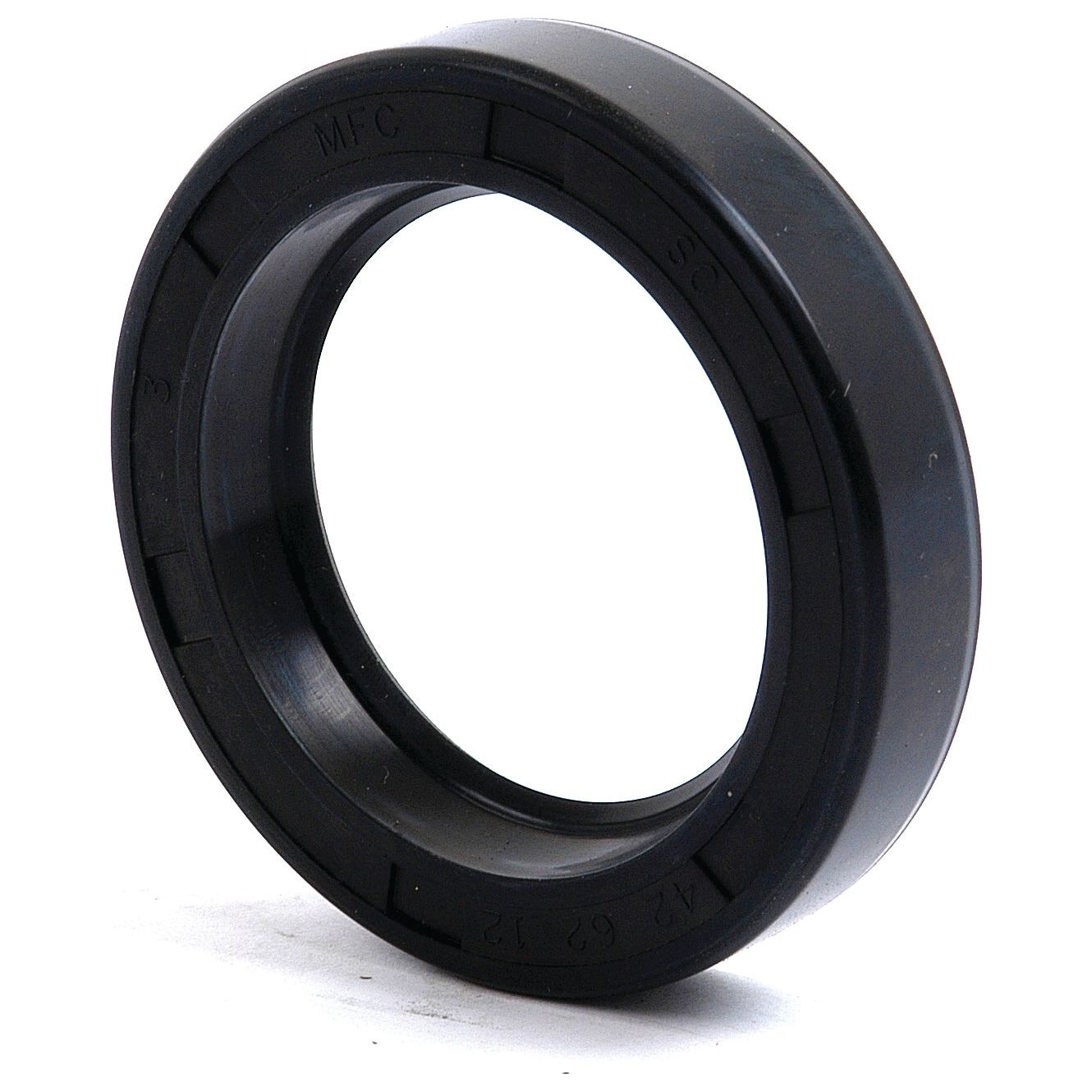 Close-up of a Sparex Metric Rotary Shaft Seal, 42 x 62 x 12mm, with a black circular design featuring a single lip and an inner metal ring, marked with various specifications. Model: Sparex Part No.S.50336.