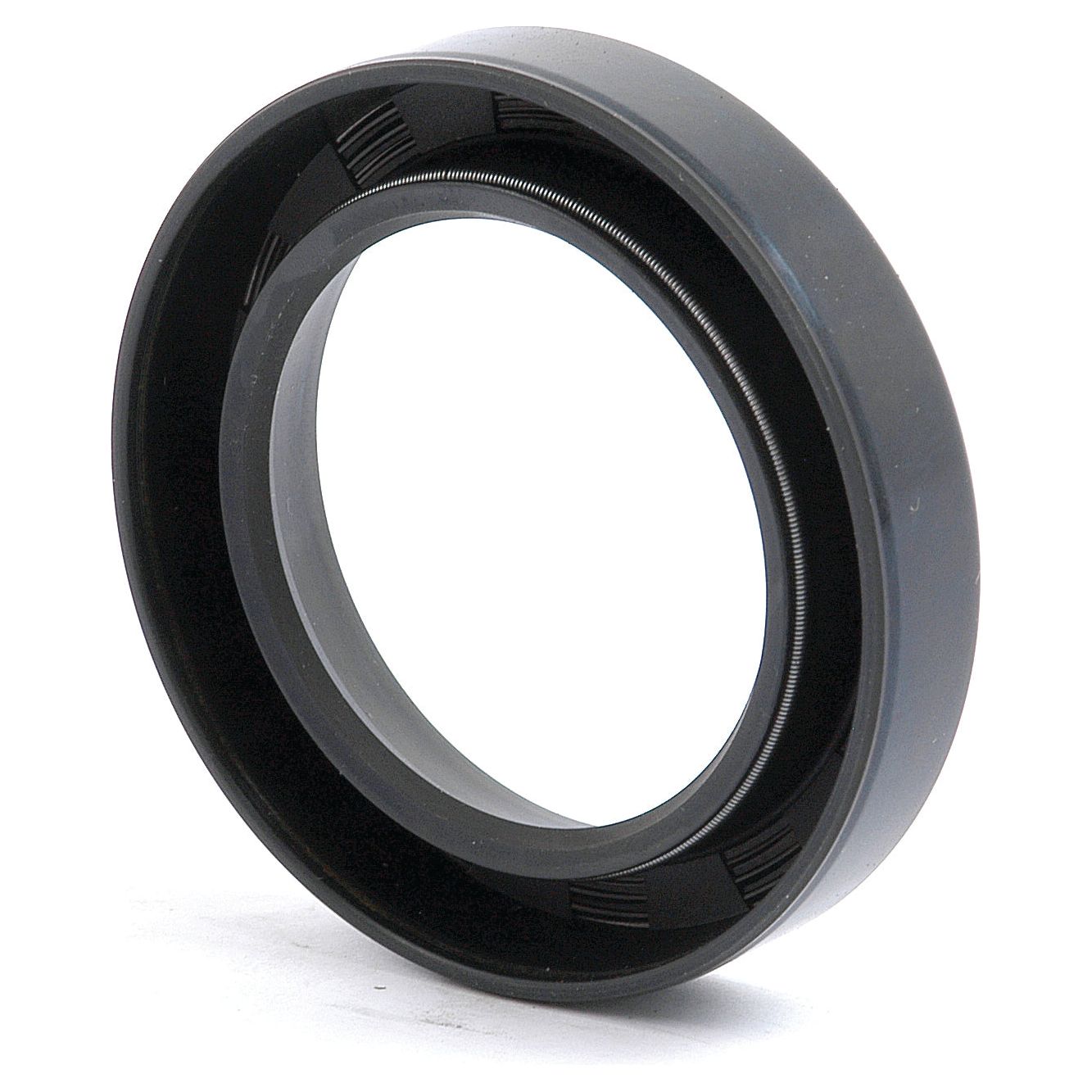 A close-up of the Sparex Metric Rotary Shaft Seal, 42 x 62 x 12mm Single Lip (Part No. S.50336), made of black material, featuring inner grooves and smooth outer edges, commonly used in machinery to prevent leaks.