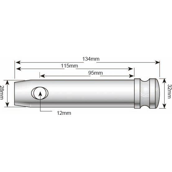 Technical drawing of a cylindrical object with dimensions labeled: length of 95mm and diameter of 28mm. Featuring a knob and a hole, this Sparex Lower Link Pin (Part No. S.5033), Cat. 2, is compliant with Tariff Code 7319909000.
