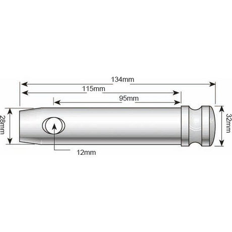 Technical drawing of a cylindrical object with dimensions labeled: length of 95mm and diameter of 28mm. Featuring a knob and a hole, this Sparex Lower Link Pin (Part No. S.5033), Cat. 2, is compliant with Tariff Code 7319909000.
