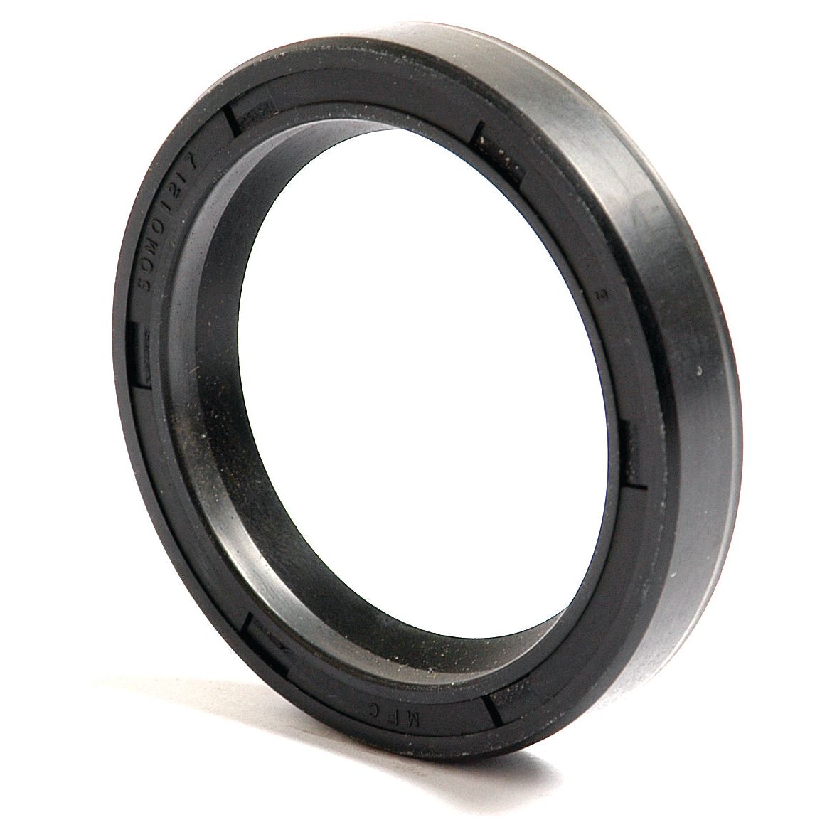 A Sparex Metric Rotary Shaft Seal, 44 x 60 x 10mm in size (Sparex Part No.S.50340), with an inner rubber lip and outer metal casing is positioned upright against a white background. This black seal features a single lip for efficient sealing.