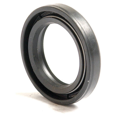 A black mechanical ring with threaded inner and outer edges, standing upright on a white surface, resembles the Sparex Metric Rotary Shaft Seal, 45 x 60 x 7mm Double Lip (Part No. S.50345).