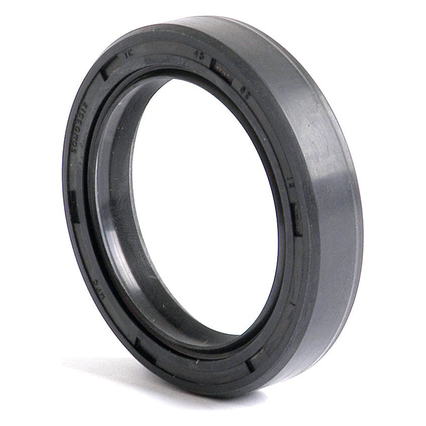 A close-up view of a black circular rubber oil seal, featuring a smooth exterior surface and an inner metal rim, resembling the Sparex Metric Rotary Shaft Seal with a double lip design, Part No. S.50349 (45 x 62 x 12mm).