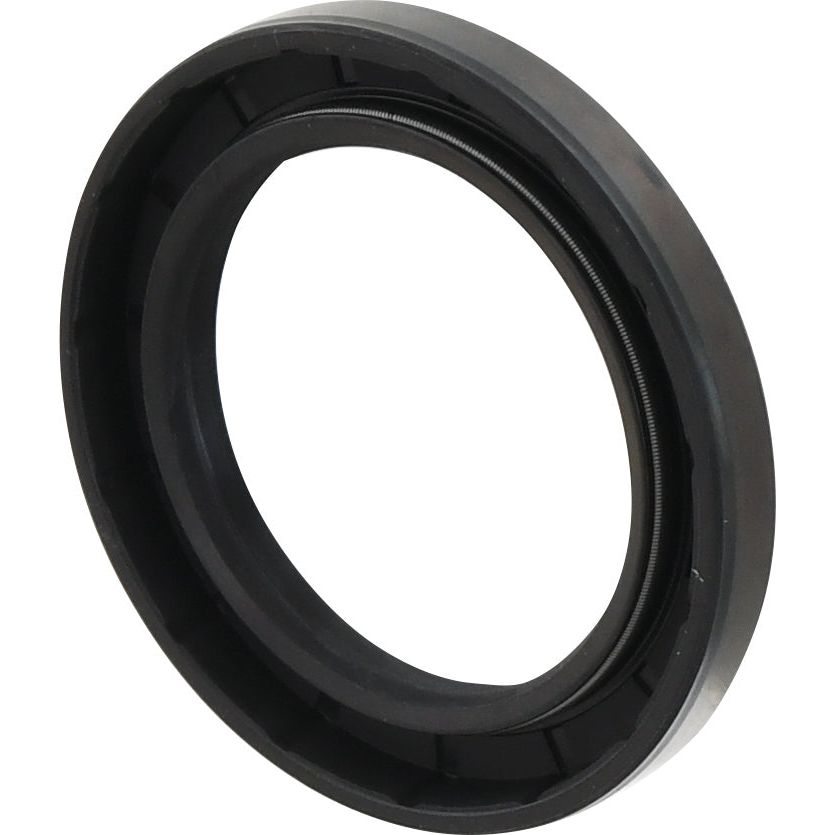 Close-up view of a circular black rubber oil seal with a metal spring embedded along the inner edge, designed as the Sparex Metric Rotary Shaft Seal, 45 x 65 x 8mm Double Lip (Part No. S.50350), commonly used in John Deere machinery.