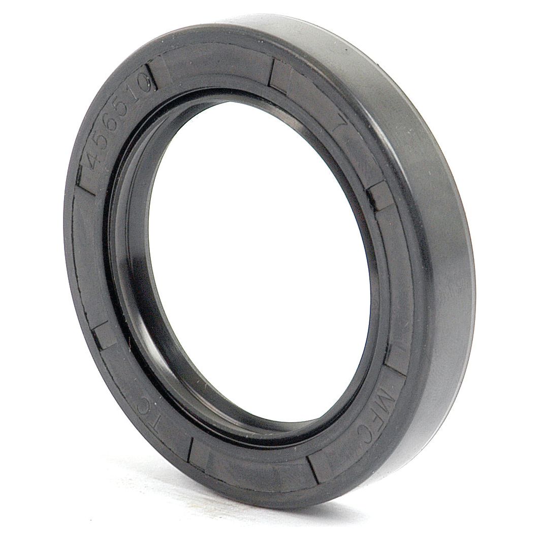 Close-up image of the Sparex Metric Rotary Shaft Seal, 45 x 65 x 10mm Double Lip (Sparex Part No. S.50351) in black rubber, featuring grooves and markings on its outer edge to prevent fluid leaks in machinery and ensure optimal performance.