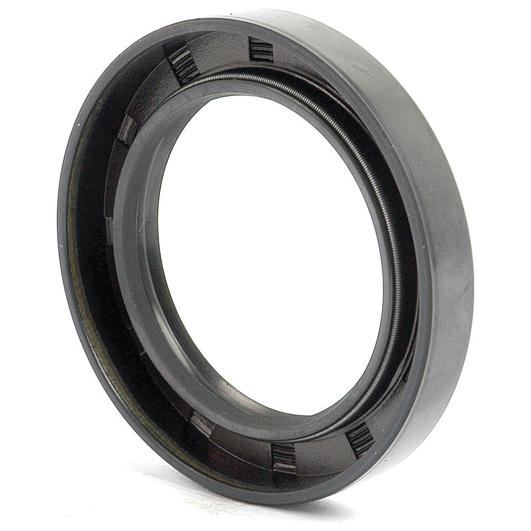 A detailed close-up of the Sparex Metric Rotary Shaft Seal (Part No. S.50351) showcases its black rubber exterior and circular form, measuring 45 x 65 x 10mm. The seal features a ribbed inner edge and a metal spring encircling its inner diameter, highlighting its double lip design for optimal performance and durability.