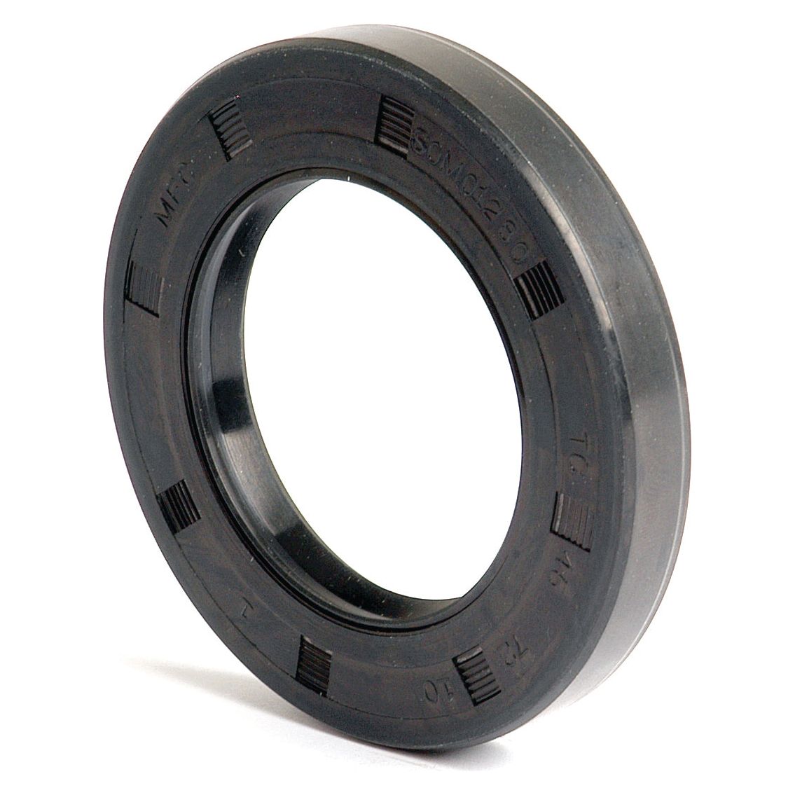 The Sparex Metric Rotary Shaft Seal, 45 x 72 x 10mm Double Lip (Part No. S.50355) is a black rubber oil seal with a ridged outer edge and smooth inner ring, standing upright on a white background. This product features a double lip design for enhanced performance and reliability.