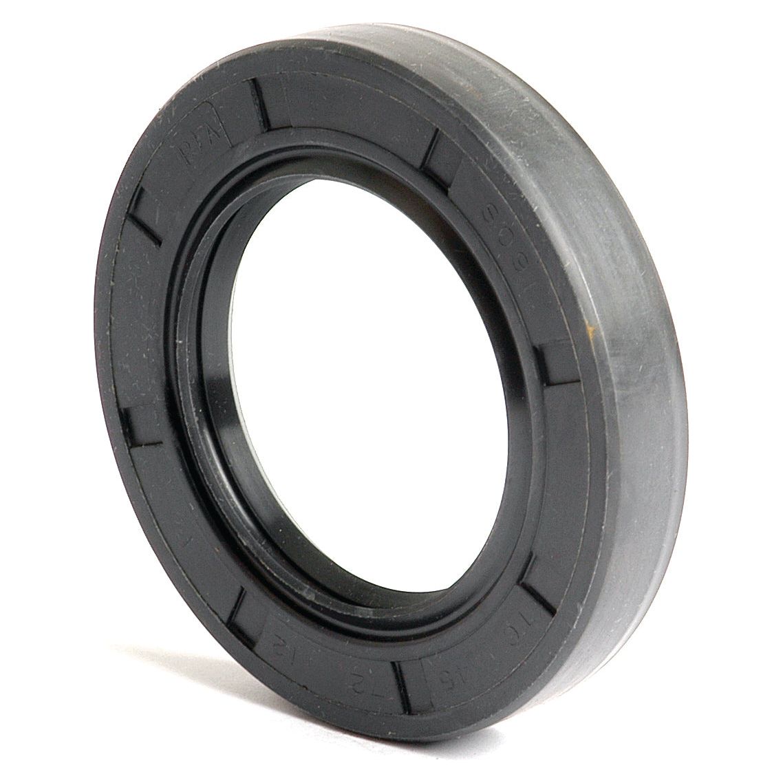 A black, round rubber oil seal with ridged edges, featuring an open center and labeled markings. This Sparex Metric Rotary Shaft Seal (Part No. S.50356) measures 45 x 72 x 12mm and includes a double lip design for enhanced sealing performance.