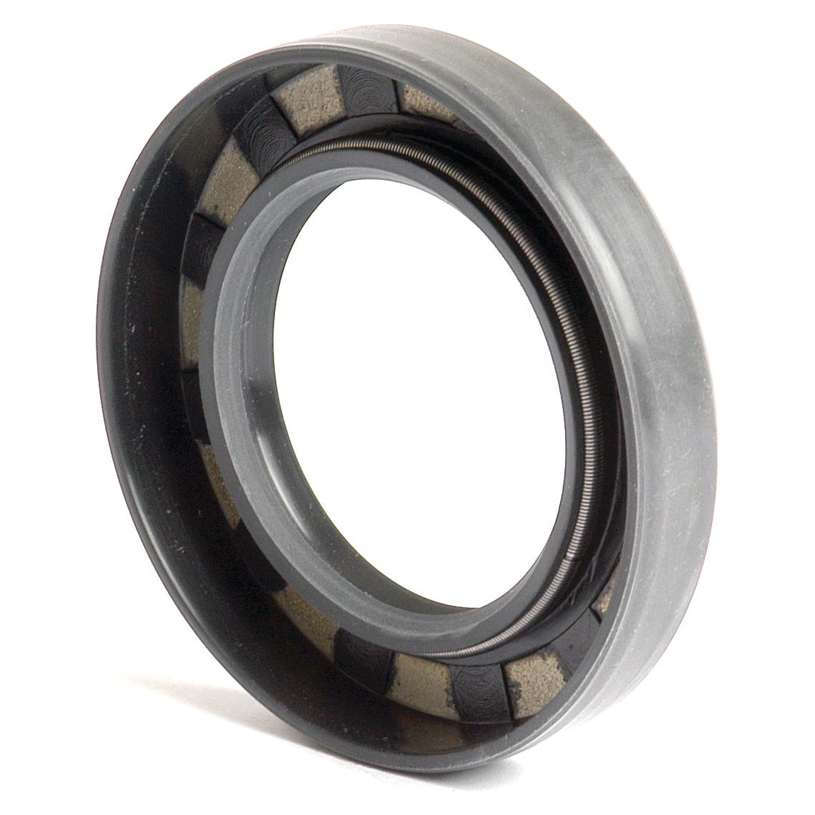 Close-up of the Sparex Metric Rotary Shaft Seal, 45 x 72 x 12mm Double Lip (Part No. S.50356), featuring a circular shape with an inner metal ring and an outer rubber casing, expertly engineered to efficiently prevent the leakage of lubricants.