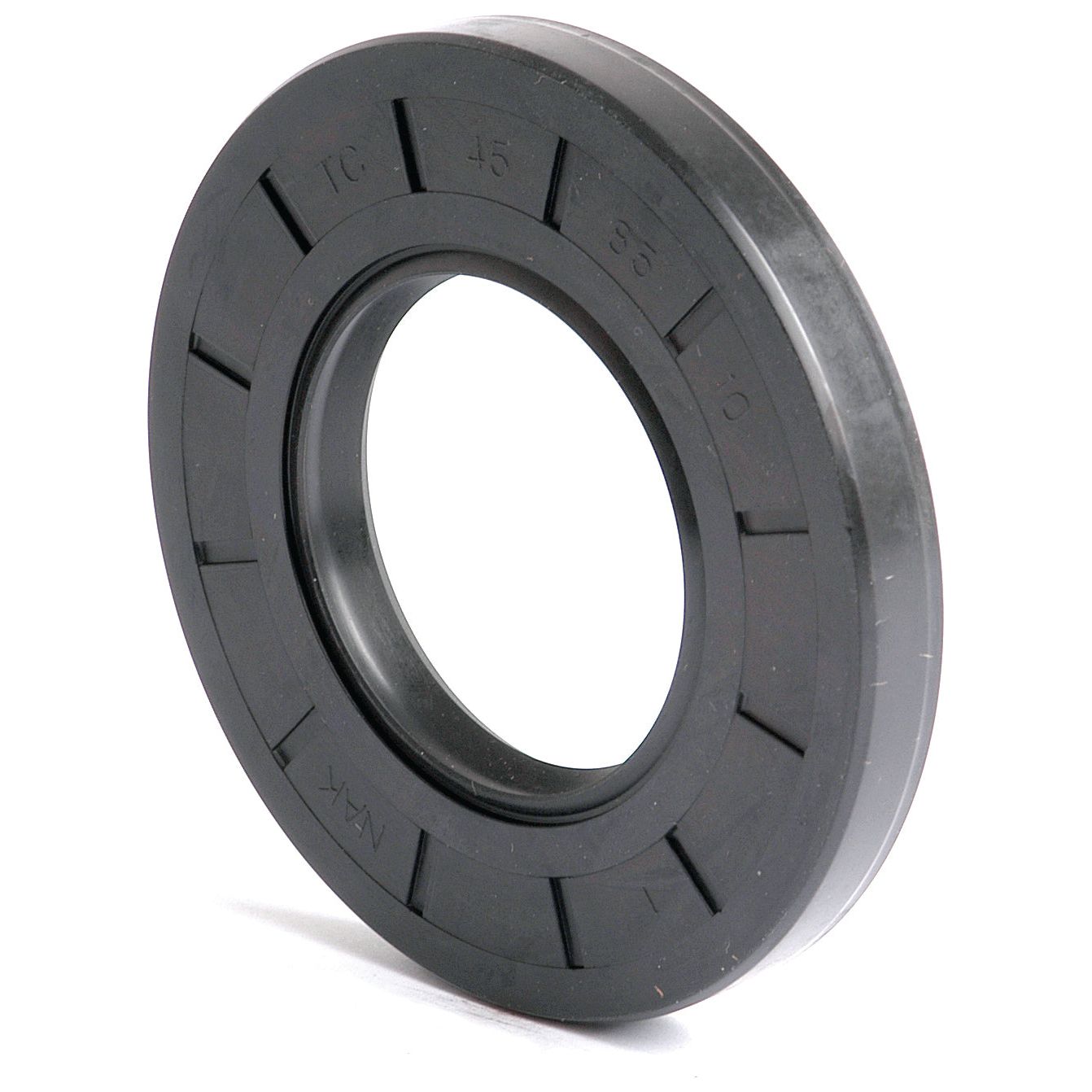 Close-up of a black rubber oil seal with visible ridges and the markings "TC 45 55 10" in raised letters on the surface. This Sparex Metric Rotary Shaft Seal (Part No. S.50360) measures 45 x 85 x 10mm and features a double lip design, ensuring a precise fit and excellent sealing performance.