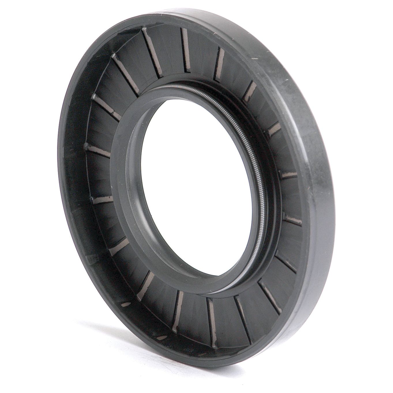 A black circular mechanical component with grooved notches and an inner diameter, sized at 45 x 85 x 10mm, ideal as a Metric Rotary Shaft Seal is the Sparex Double Lip Metric Rotary Shaft Seal (Part No. S.50360).