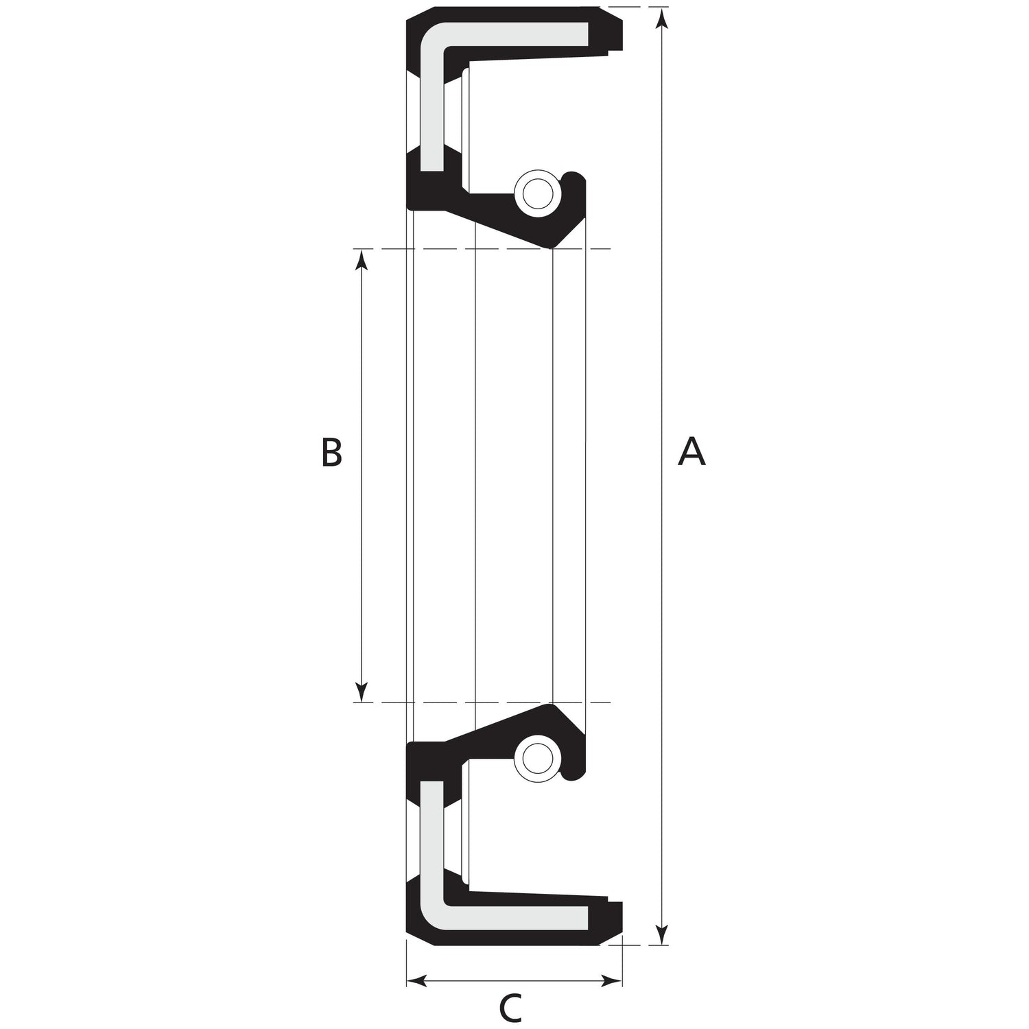 Technical drawing showing a cross-sectional view of a mechanical part with dimensions labeled A, B, and C, featuring an internal feature and two fasteners; includes detail on the Metric Rotary Shaft Seal by Sparex (47 x 62 x 8mm Single Lip, Part No. S.50363).