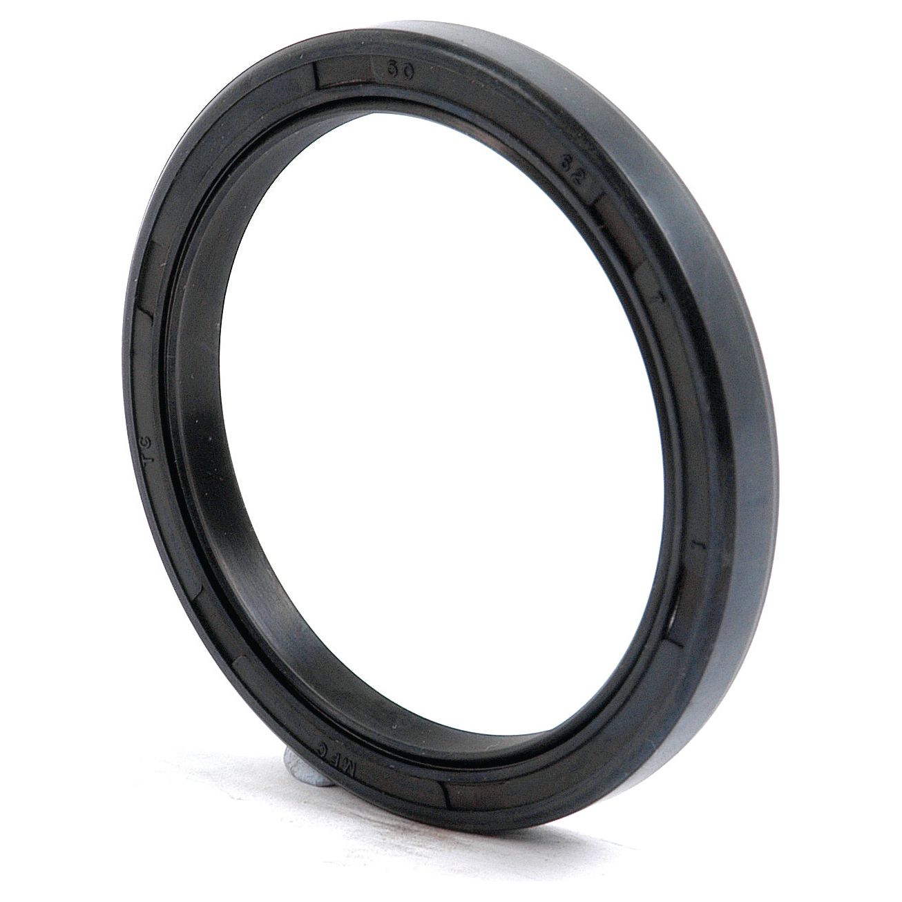 A black rubber sealing ring with raised markings on the outer rim and a double lip, placed upright on a white background. This Metric Rotary Shaft Seal from Sparex (Part No. S.50371) measures 50 x 62 x 7mm.