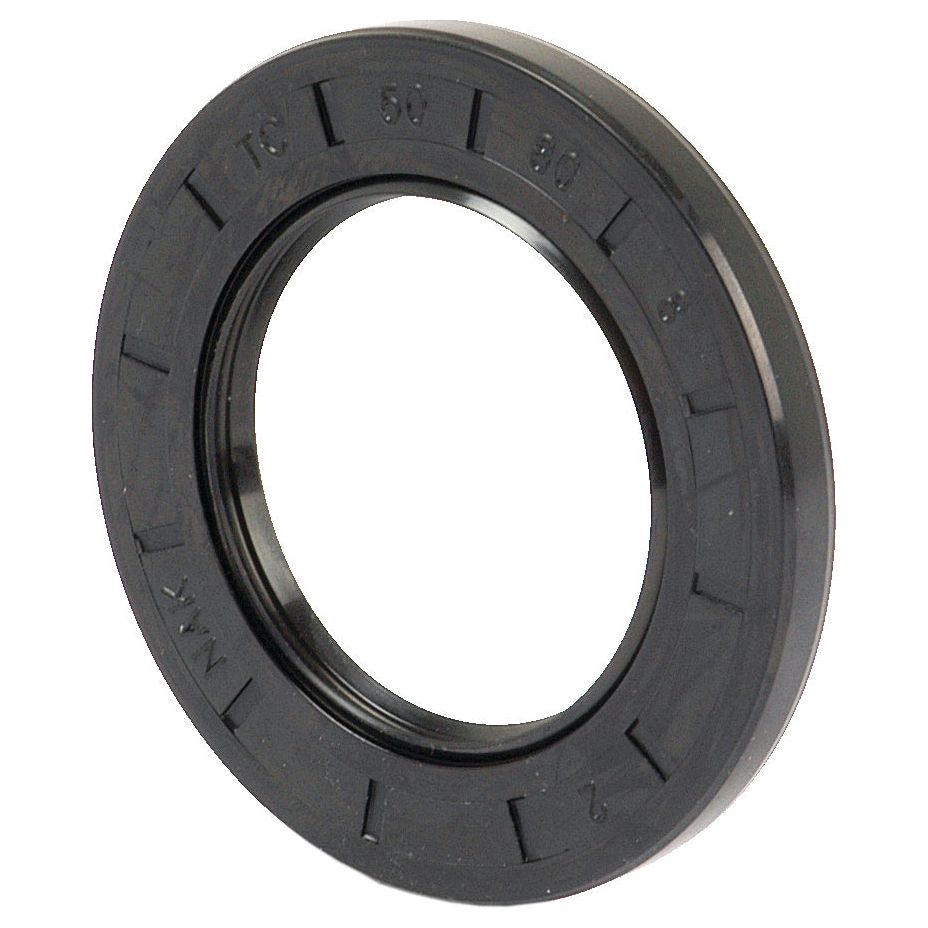 A circular black rubber oil seal from Sparex, with part number S.50385, features the markings "TC 50 80 8 NAK" on its surface. It is designed as a Metric Rotary Shaft Seal measuring 50 x 80 x 8mm. The seal has a smooth central opening, a slightly grooved outer edge, and boasts a double lip for enhanced efficiency.