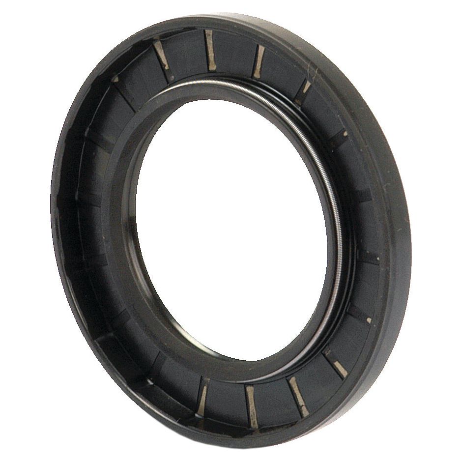 A close-up view of a Sparex Metric Rotary Shaft Seal, featuring a black rubber double lip with an inner metal ring, sized 50 x 80 x 8mm (Sparex Part No. S.50385), used in machinery like Massey Ferguson tractors to prevent leakage and contamination.