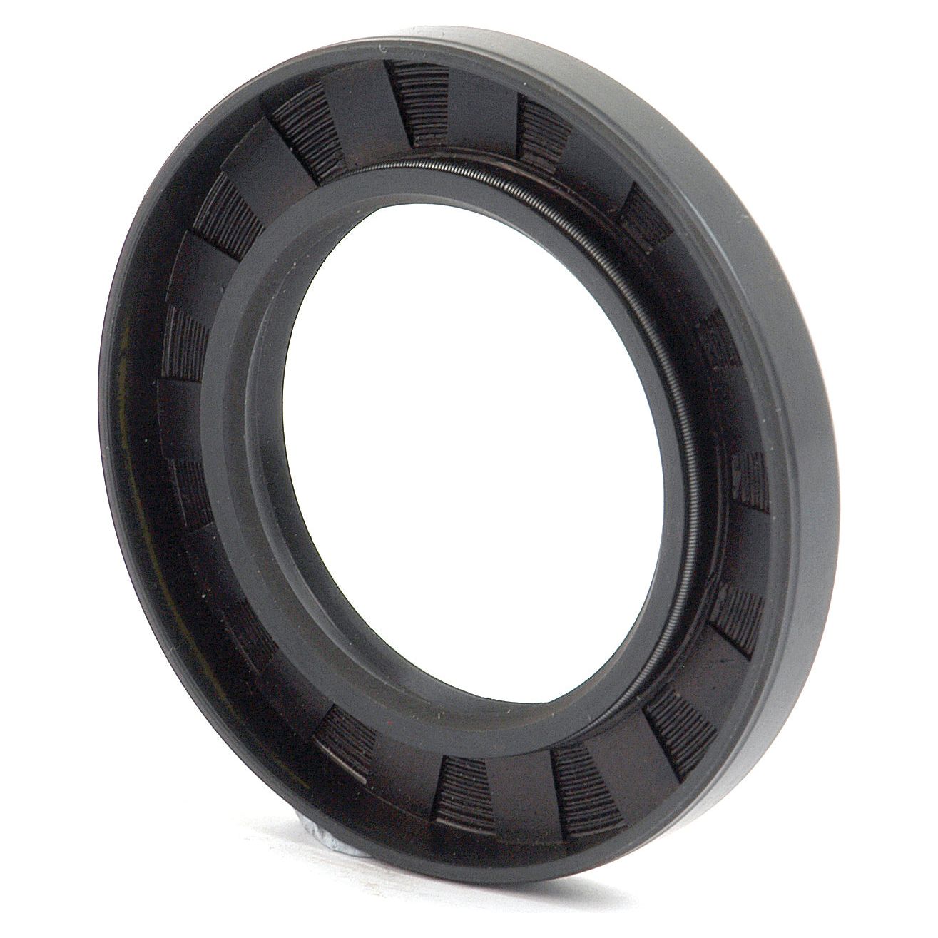 Close-up of the Sparex Metric Rotary Shaft Seal, 50 x 80 x 10mm Double Lip (Part No. S.50386), featuring a black, circular design with a smooth outer edge and ribbed inner edge, specifically designed to prevent lubricant leakage in mechanical systems.