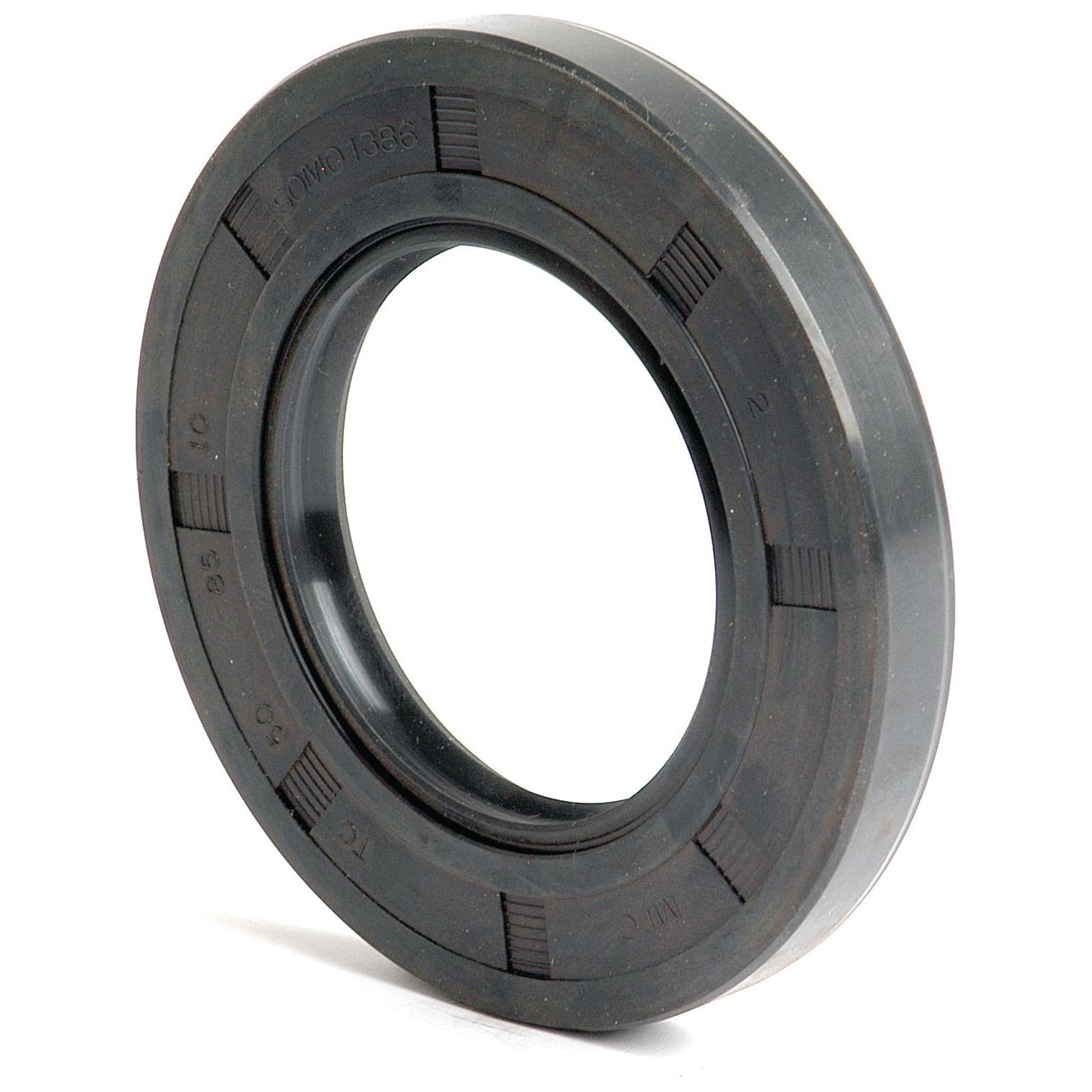 The Sparex Metric Rotary Shaft Seal, part number S.50388, is a black rubber seal measuring 50 x 85 x 10mm with a double lip design and ridges along its outer edge, perfect for preventing lubricant leakage in machinery.