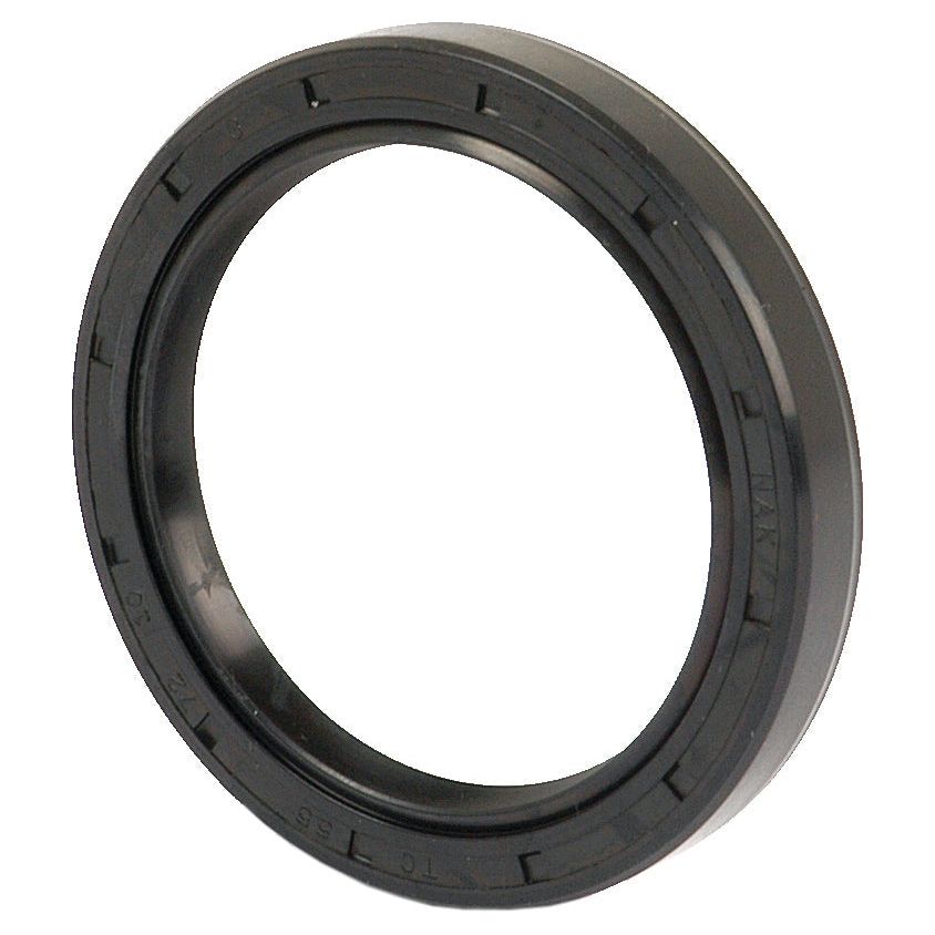 A Sparex Metric Rotary Shaft Seal, part number S.50405, measuring 55 x 72 x 10mm with a double lip design and visible ridges, is crafted from black rubber for fitting onto machinery.