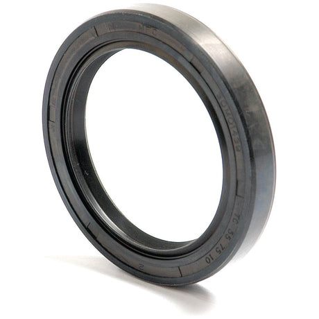 Close-up of a Sparex Metric Rotary Shaft Seal (Part No. S.50406), sized 55 x 75 x 10mm, with a smooth inner surface and ribbed outer edge. This seal is designed for mechanical applications and features a Double Lip for added efficiency.