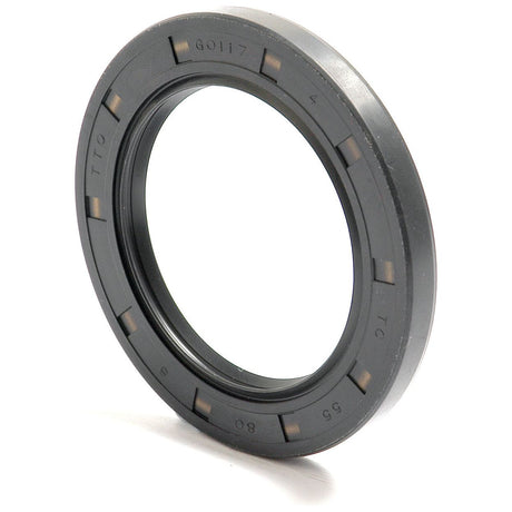 A black rubber oil seal with evenly spaced indentations around the outer edge. The Sparex Metric Rotary Shaft Seal, sized at 55 x 80 x 8mm and designed as a double lip seal, has several alphanumeric markings inscribed on its surface (Sparex Part No. S.50407).