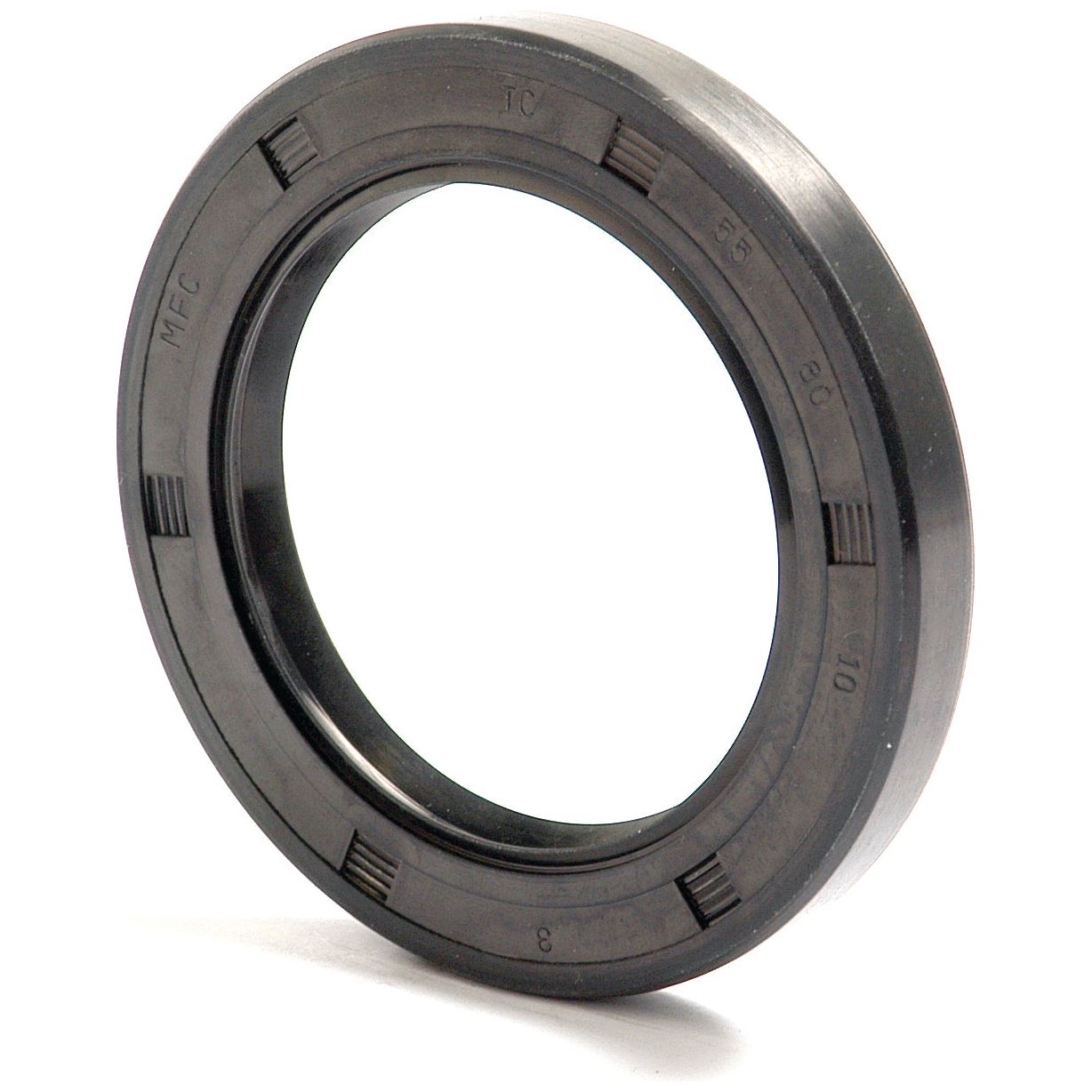 A black rubber oil seal with visible markings on its edge, including "TC" and "55 80 10". This Metric Rotary Shaft Seal by Sparex (Part No.S.50408) features a Double Lip design and is circular in shape, standing upright against a white background.