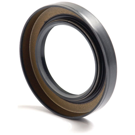 Close-up of the Sparex Metric Rotary Shaft Seal, 55 x 85 x 12mm Double Lip (Sparex Part No. S.50412), featuring a circular design with a metal outer edge and an inner brown rubber component, used for preventing leaks in machinery.
