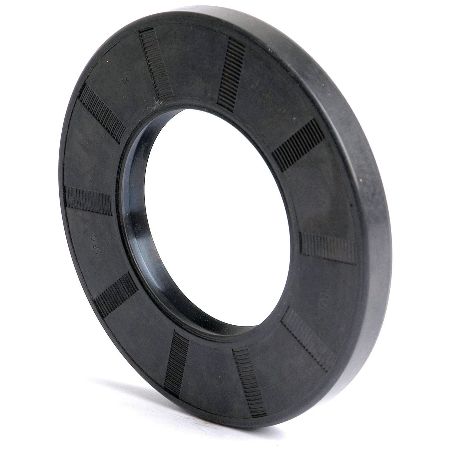 A Sparex Metric Rotary Shaft Seal, 55 x 100 x 10mm Double Lip (Sparex Part No.S.50415) featuring a black rubber construction with a circular design and ridged inner lining, used for preventing fluid leakage in machinery.