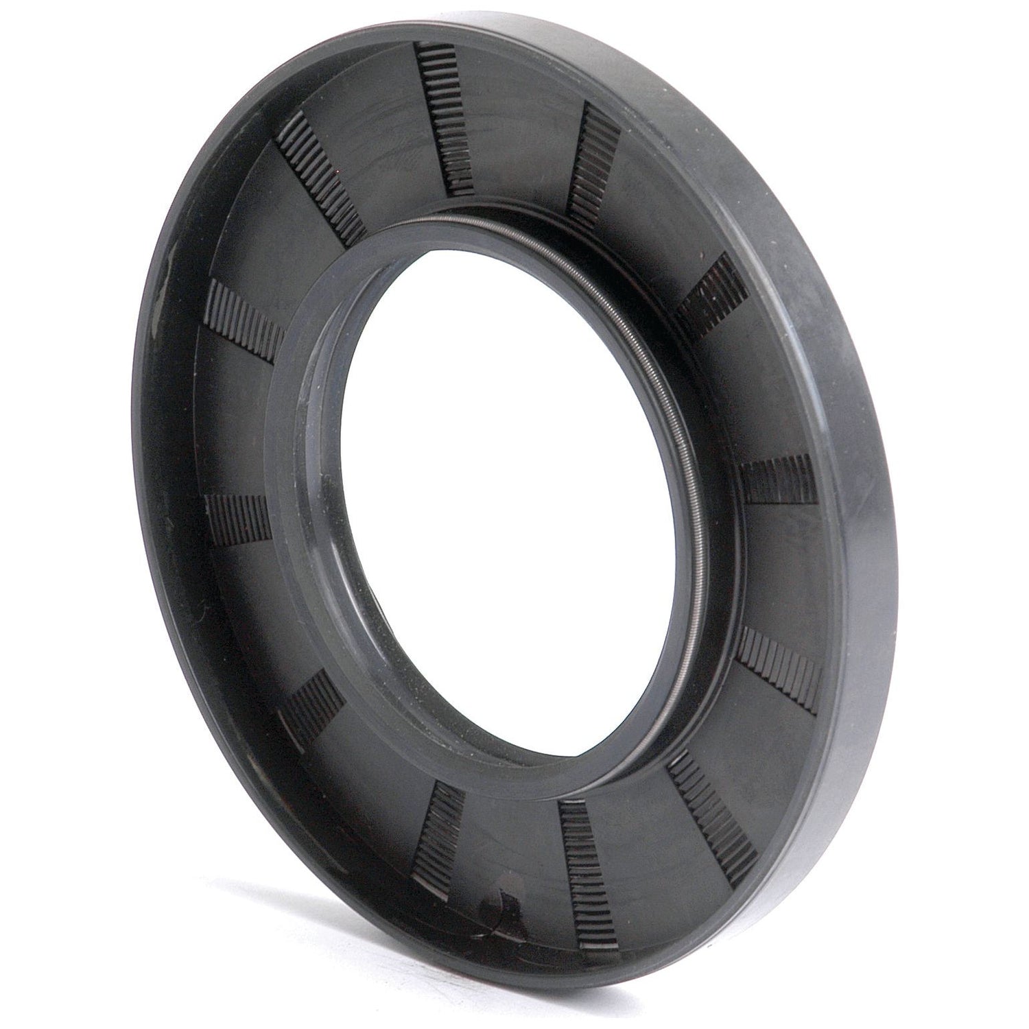 The Sparex Metric Rotary Shaft Seal (Part No. S.50415) is black and circular, featuring interior grooves and a smooth outer edge, designed to prevent leakage in machinery. Measuring 55 x 100 x 10mm, this double lip seal enhances overall sealing performance.
