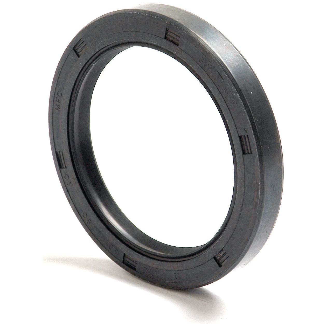 A close-up of a black rubber Metric Rotary Shaft Seal, 60 x 80 x 10mm with double lip design (Sparex Part No.S.50424), features ridges on the inner and outer edges, commonly used in machinery to prevent fluid leaks. This high-quality seal is often utilized in various Sparex components.