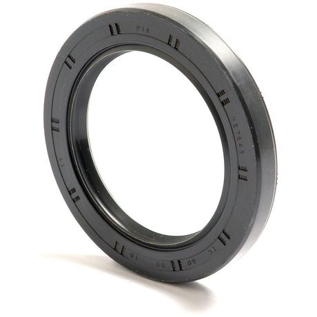 Close-up of a black rubber oil seal with a circular shape and engraved markings, resembling the Sparex Metric Rotary Shaft Seal, 60 x 85 x 10mm Double Lip (Part No. S.50426), used in machinery to prevent fluid leakage.