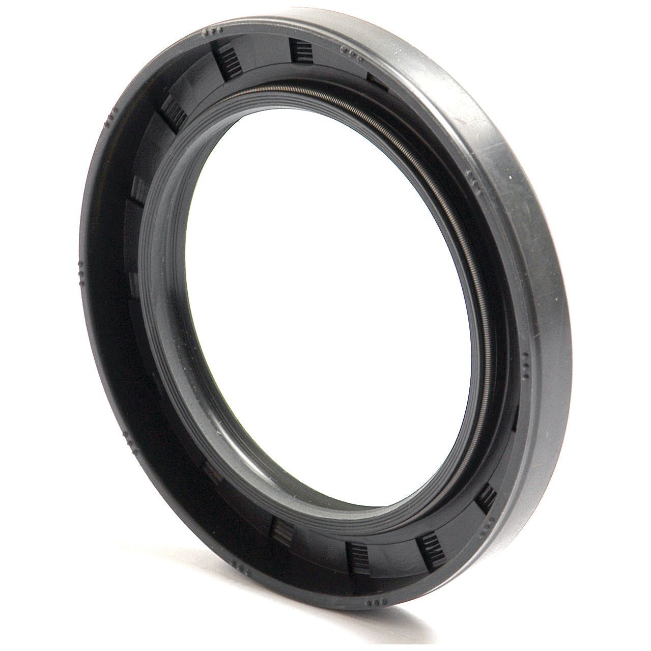 Image of a black circular Sparex Metric Rotary Shaft Seal, 60 x 85 x 10mm Double Lip (Sparex Part No. S.50426), with intricate design along its inner and outer edges, standing on its side.