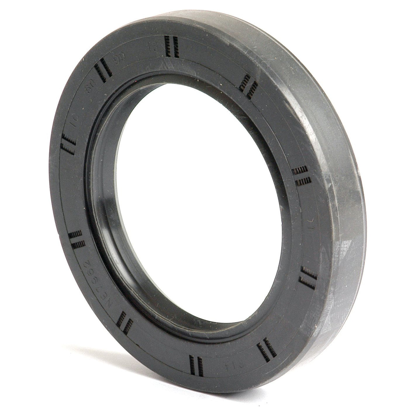 The Sparex Metric Rotary Shaft Seal, 60 x 90 x 13mm Double Lip (Part No. S.50429), a black rubber seal with notched edges and an inner groove, features a double lip design to prevent lubricant leakage.