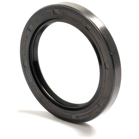 A black circular rubber seal with text engraved around the outer edge, designed as a Sparex double lip metric rotary shaft seal (65 x 90 x 10mm, Part No. S.50437).