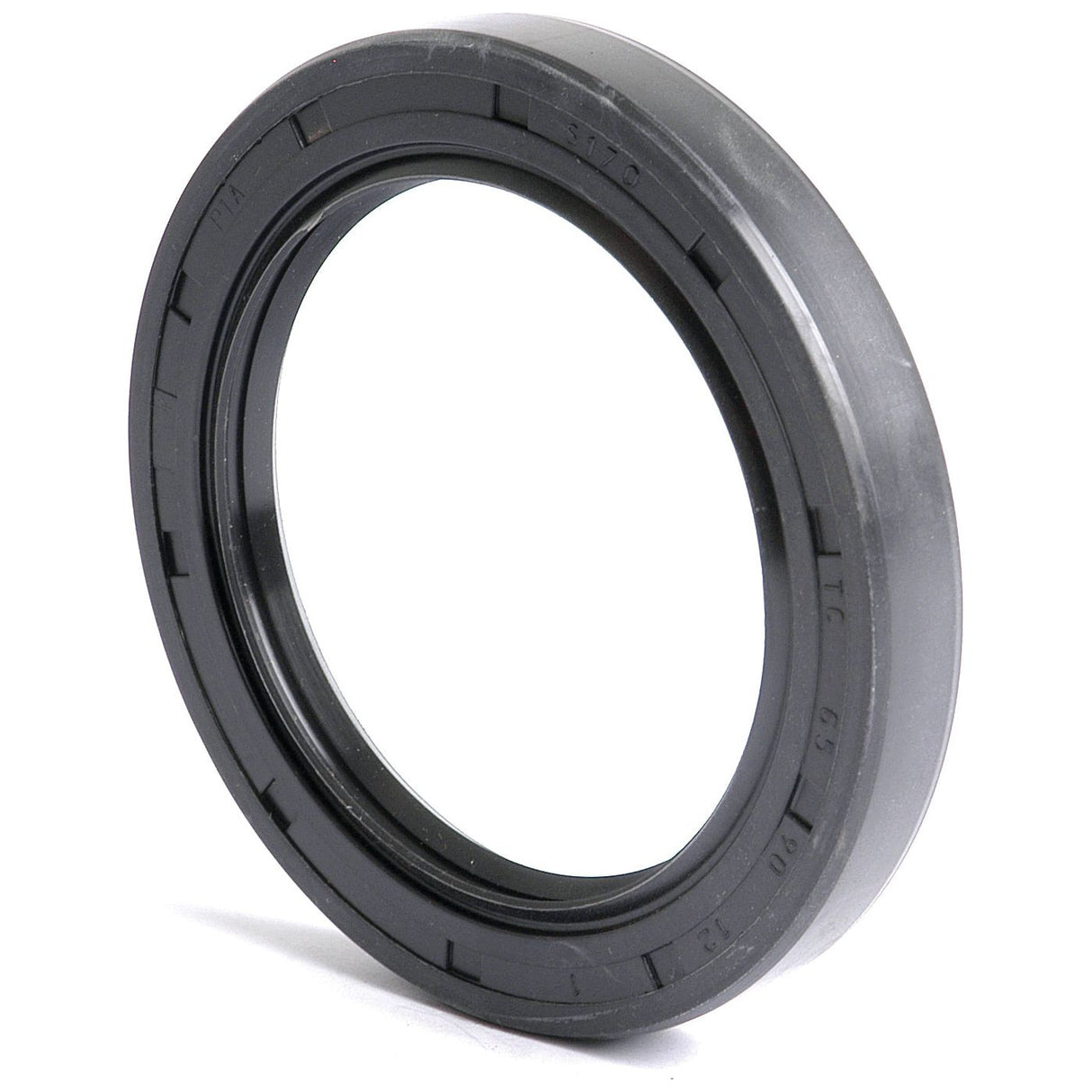 A black rubber oil seal with embossed numbers and letters, displayed standing upright. Featuring a Sparex Metric Rotary Shaft Seal design, 65 x 90 x 12mm with a double lip for enhanced performance (Sparex Part No.S.50438).