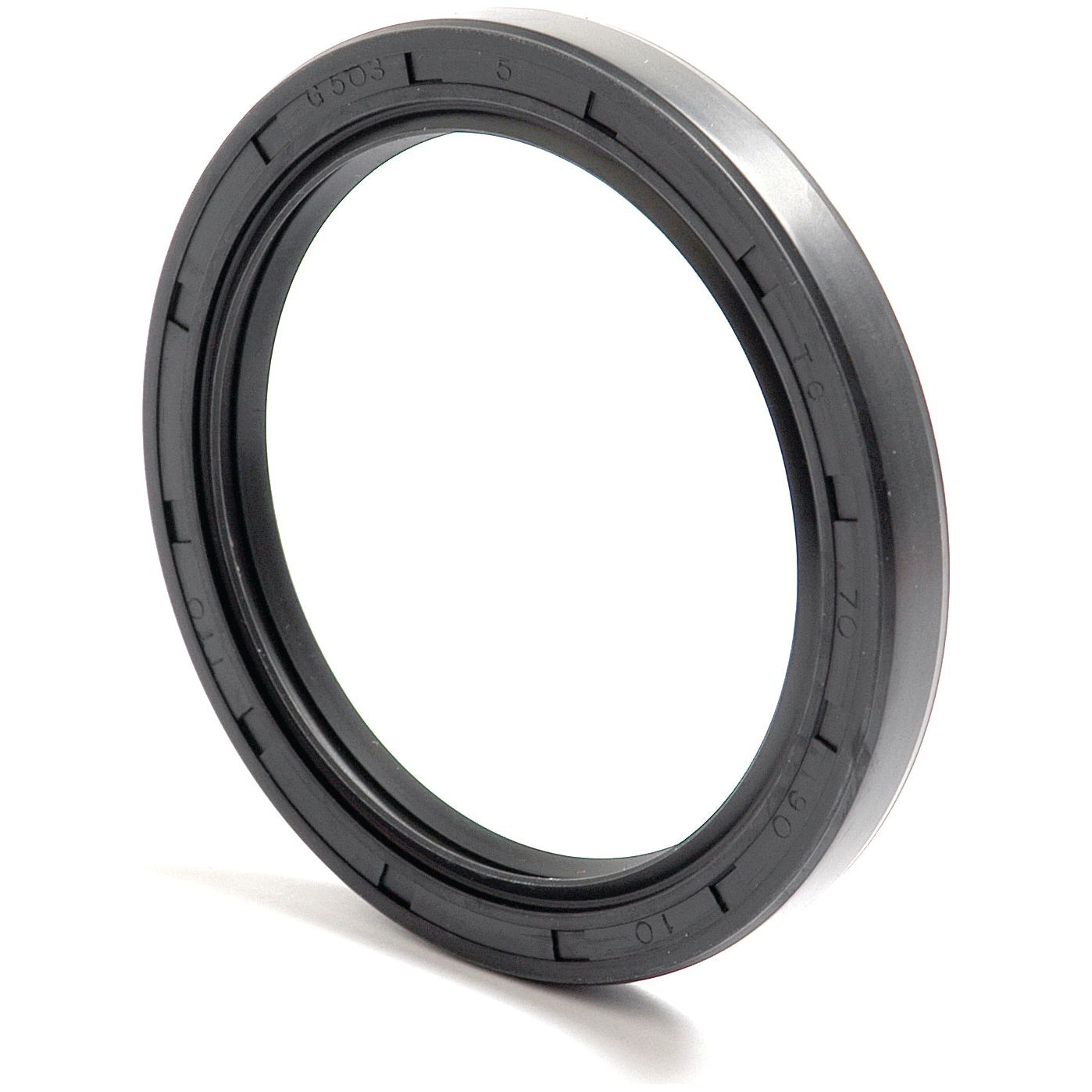 A close-up of a black circular rubber 70 x 90 x 10mm Double Lip Metric Rotary Shaft Seal by Sparex (Part No. S.50443), featuring ridges and markings around its edge, placed against a white background.