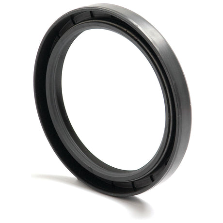 A black, circular Sparex Metric Rotary Shaft Seal (70 x 90 x 10mm Double Lip | Part No. S.50443) with a smooth, flat inner surface and ridged outer edge stands upright on a white background. Perfect for Universal Tractors, this seal features a double lip for enhanced durability.