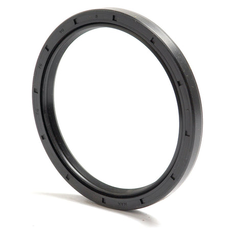 The Sparex Metric Rotary Shaft Seal, 75 x 90 x 8mm Double Lip (Sparex Part No. S.50452) is a black circular rubber seal with notches and metric markings on the outer edge, placed upright on a white surface.