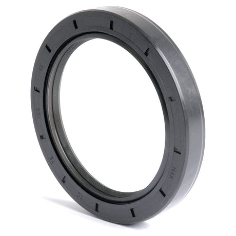 A close-up image of a Sparex black rubber Metric Rotary Shaft Seal with indents on the outer edge, featuring a Double Lip design and dimensions of 75 x 100 x 13mm (Sparex Part No. S.50455).