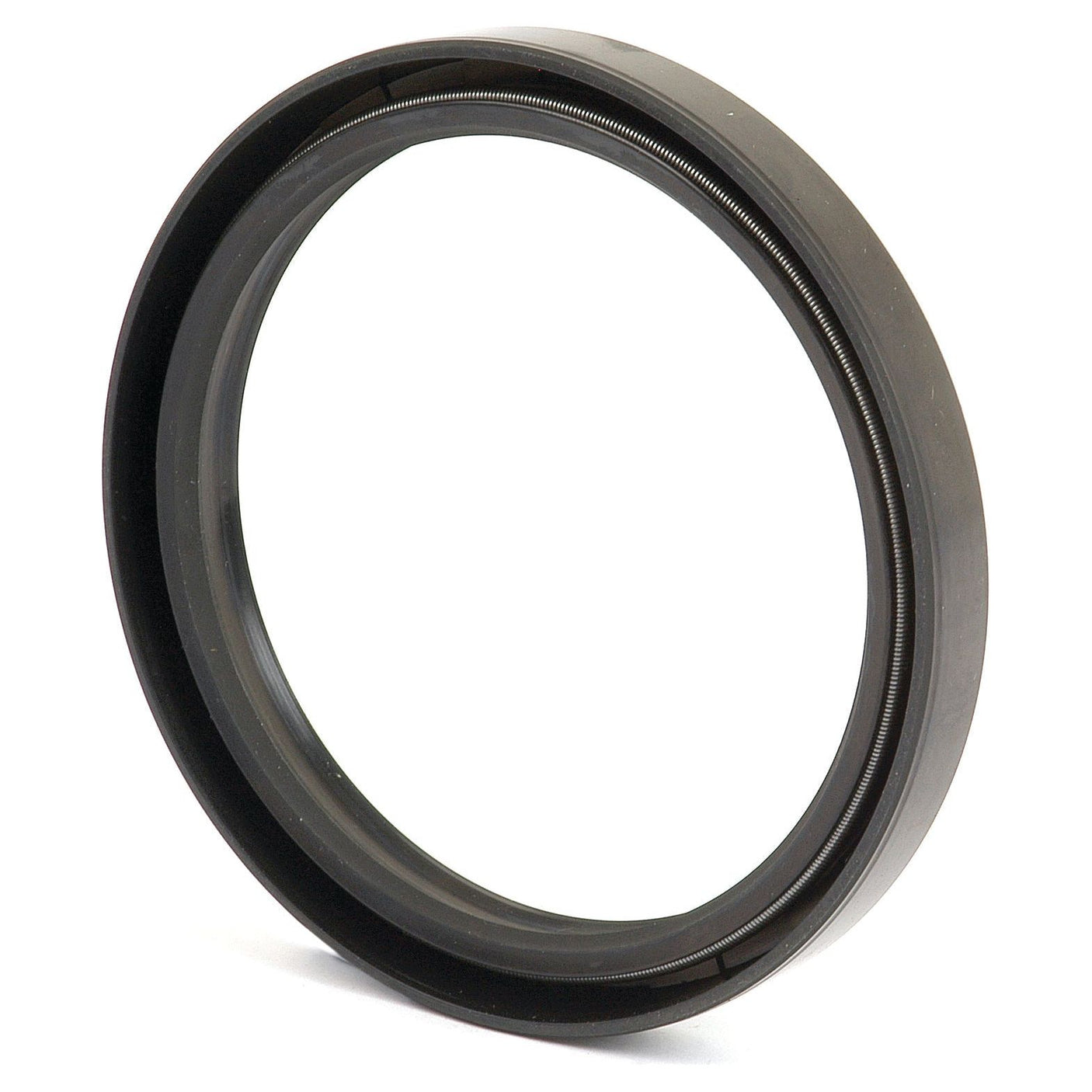 A close-up view of a circular mechanical gasket or seal, featuring a metal spring on the inner rim and a rubber-like exterior, designed as the Metric Rotary Shaft Seal, 85 x 110 x 12mm Double Lip (Sparex Part No. S.50463) by Sparex.