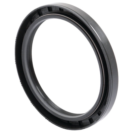 Close-up of a black, circular Sparex Metric Rotary Shaft Seal (95 x 120 x 12mm, Sparex Part No. S.50471) with a ridged interior surface and smooth outer edge, featuring a double lip design.