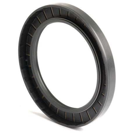 A close-up of a black rubber oil seal, featuring ridges on its inner side, designed as the Metric Rotary Shaft Seal, 95 x 130 x 13mm Double Lip (Sparex Part No. S.50472), to prevent oil leakage in machinery. This reliable component is part of the quality range from Sparex.