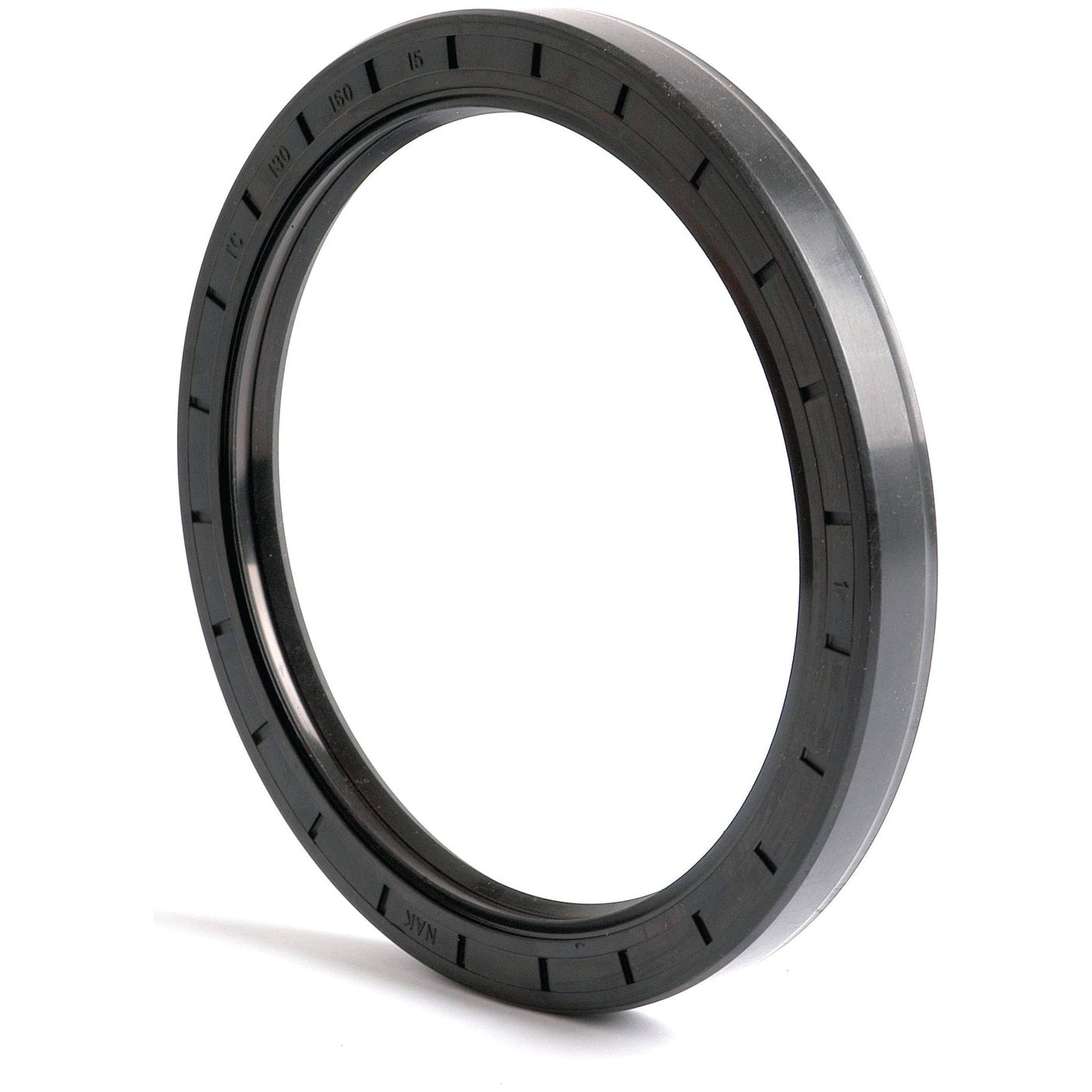 A black circular Sparex Metric Rotary Shaft Seal (Sparex Part No. S.50479) with a Double Lip design and measuring 130 x 160 x 15mm, featuring grooves on its outer edge, stands vertically against a plain white background.