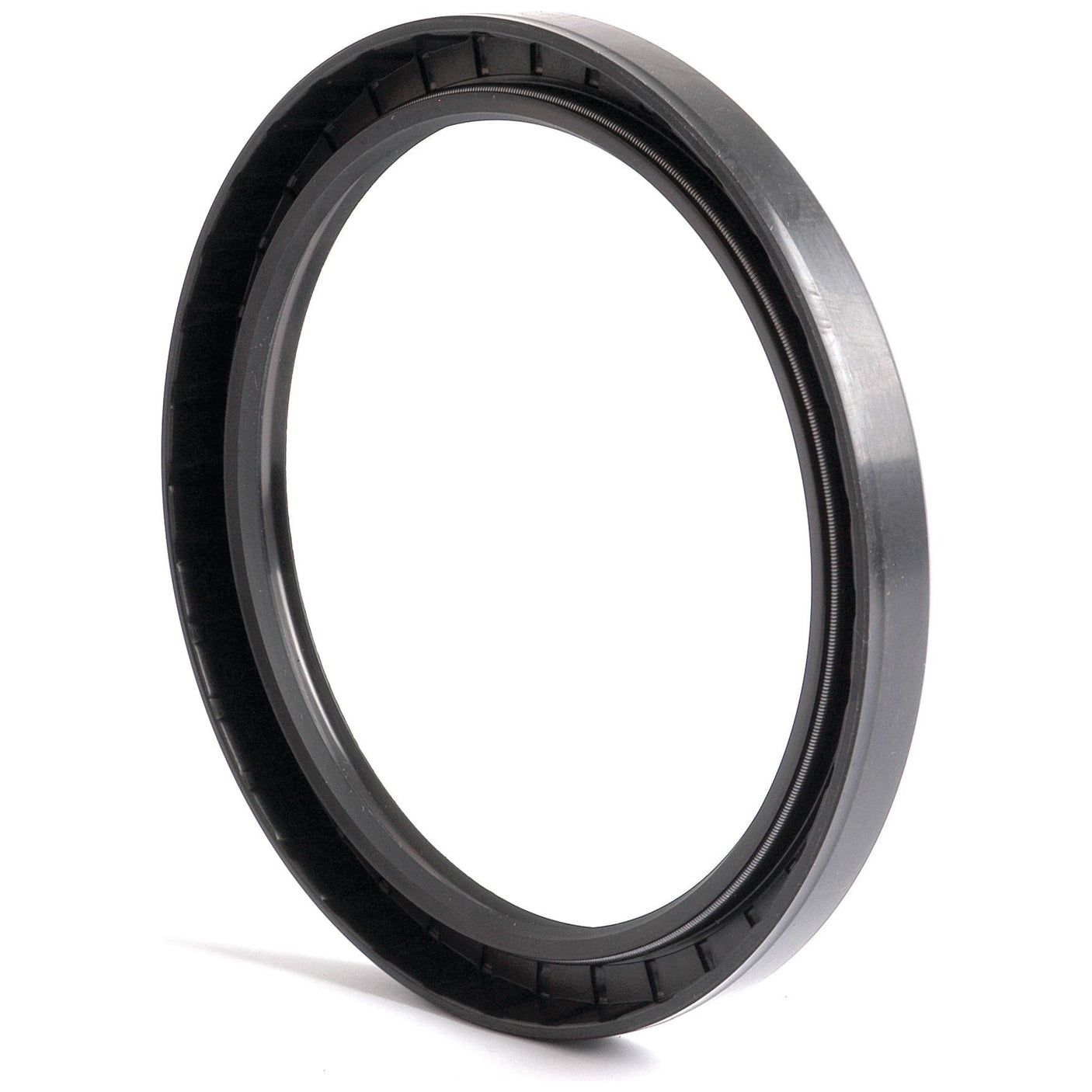 A close-up view of the Sparex Metric Rotary Shaft Seal, 130 x 160 x 15mm Double Lip (Part No. S.50479), featuring a black rubber exterior with a round, ridged edge and a smooth interior.