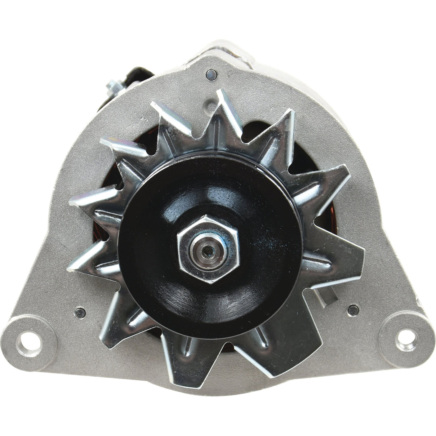 Front view of the Sparex Alternator (14V, 45 Amps; Sparex Part No. S.50532), featuring a single groove pulley, a central bolt, and a metal fan-like structure. The device has a metallic surface with two mounting holes on either side, reminiscent of components found in Massey Ferguson or Case IH/International Harvester machinery.