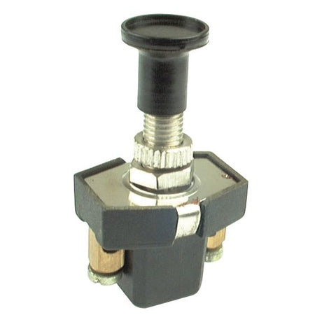 A close-up of a Sparex Switch (Part No. S.5063) featuring a black push-button, metal base, and 8 mm threaded mounting shaft.