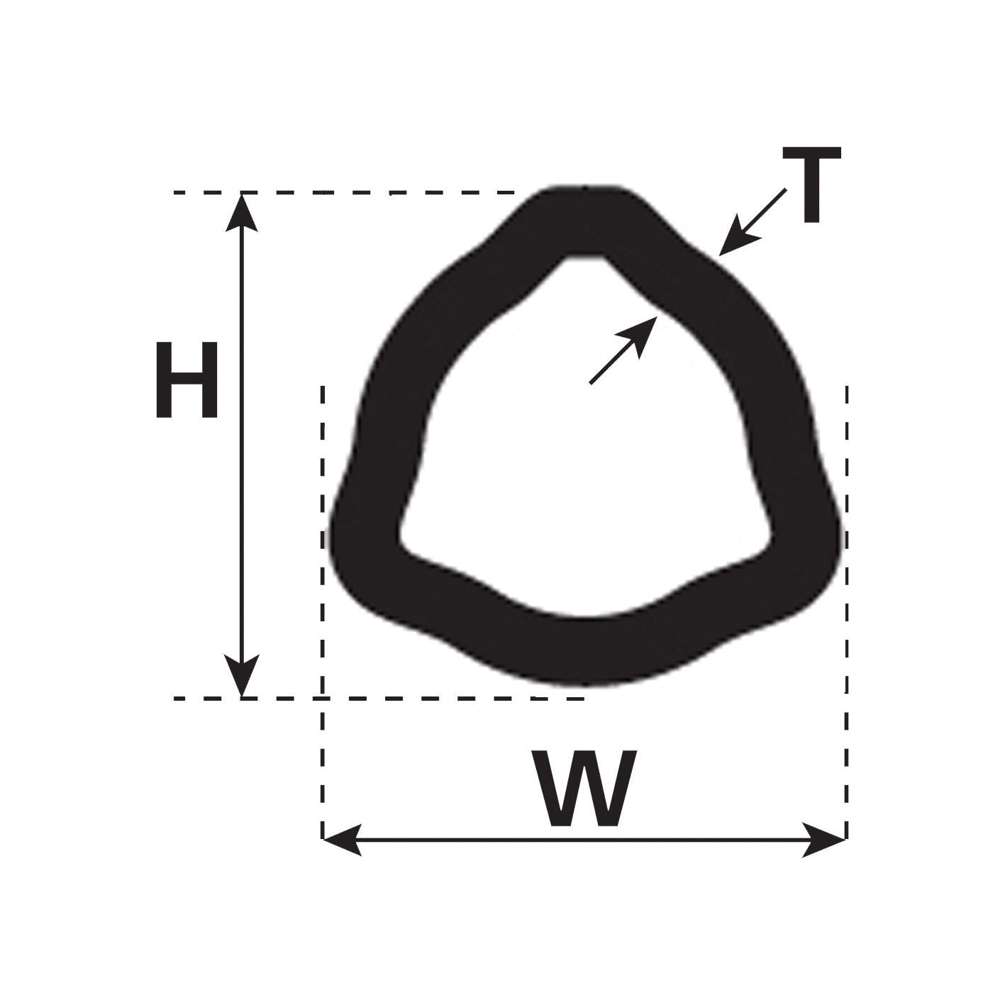 Diagram showing a cross-section of a Rilsan® Coated PTO Tube - Triangle Profile (S.50699) with measurements for height (H), width (W), and thickness (T) indicated by arrows. The tube, from the Sparex brand, has an irregular, slightly triangular shape and measures 1 meter in length.